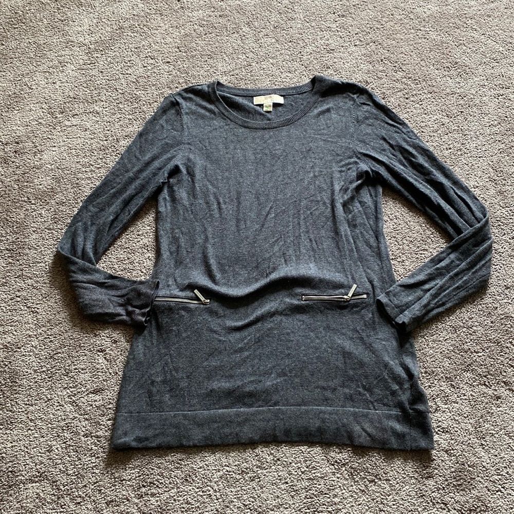 MICHAEL Michael Kors Gray Tunic Sweater Silver Zipper Pockets SIZE M Crewneck